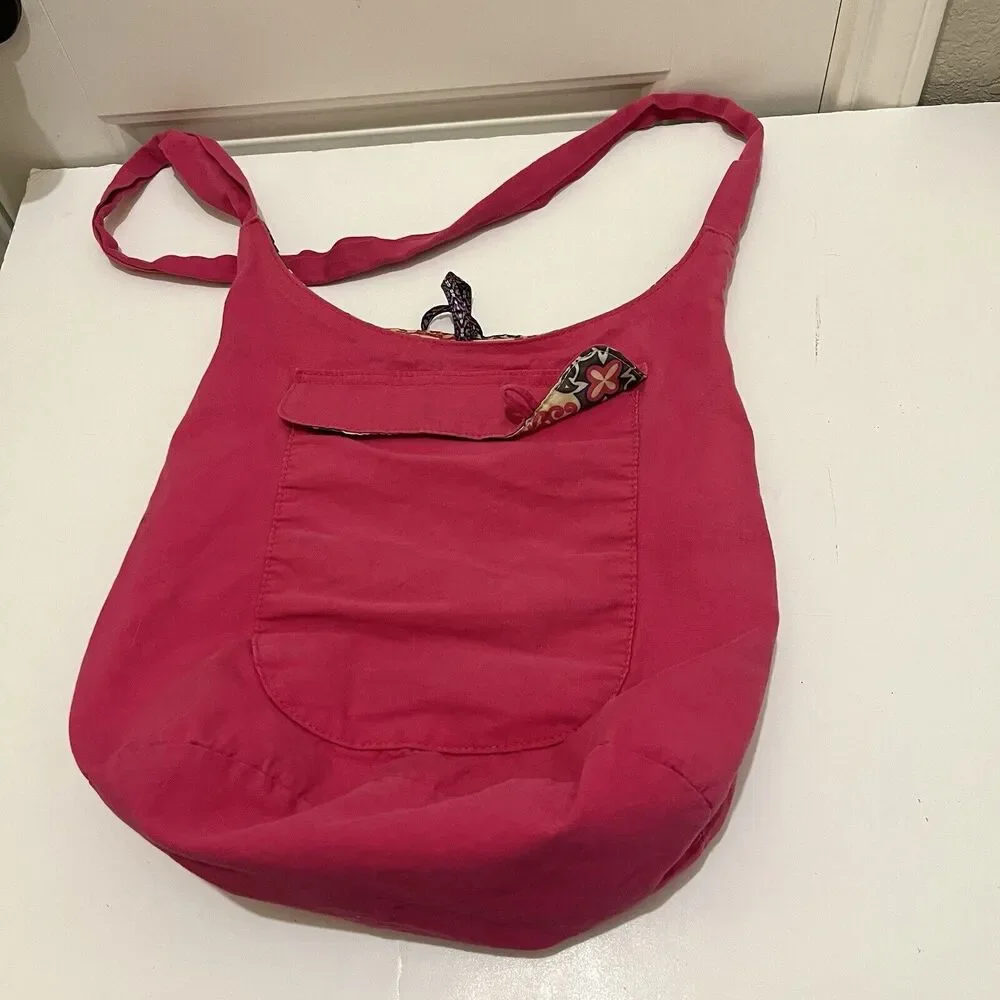 Womens Pink Floral Lined Crossbody Sling Bag Purse Hobo 11X15 Tie Closure